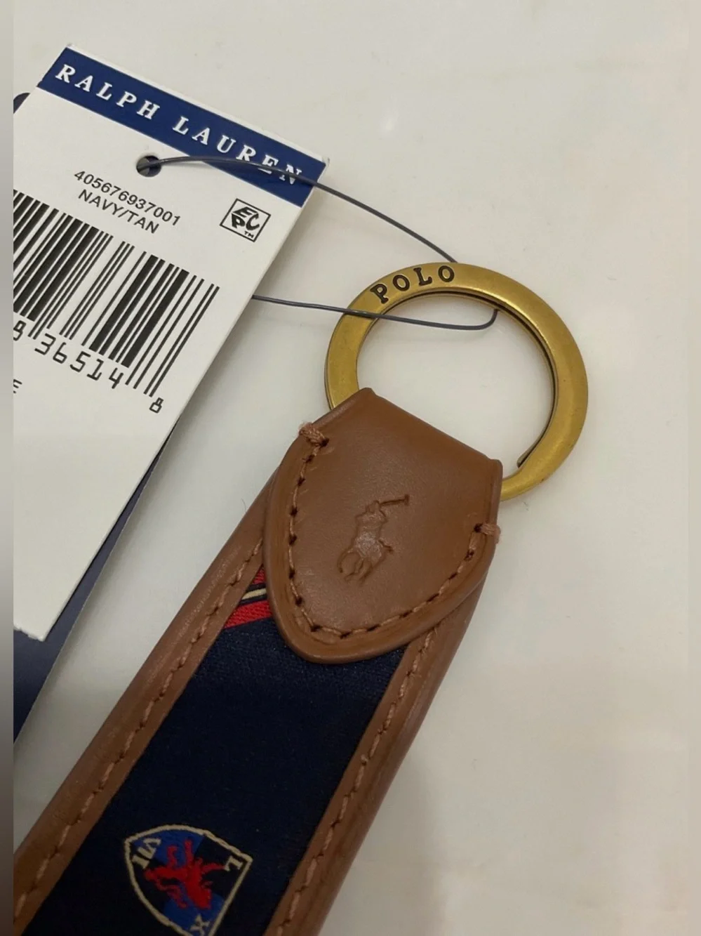 NEW Polo Ralph Lauren Leather & Navy Blue Silk CREST Key Ring Keychain - TAN
